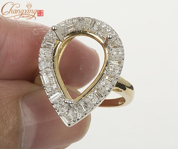 12x16mm PEAR SOLID 14KT GOLD Natural 1.0CT ROUND/BAGUETTE DIAMOND SEMI MOUNT ENGAGEMENT RING