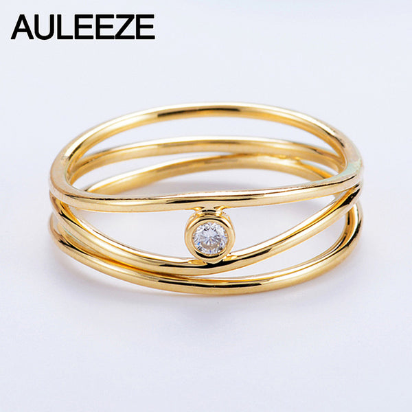 14K 585 Yellow Gold 3 Lines Natural Real Diamond Ring in Rome Irregular Line Style Solitaire Diamond Wedding Bands For Women