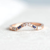 14k Rose Gold Wedding Ring with Blue Sapphires and Diamonds Curved Pave Stacking Diamond Rings Wedding Ring