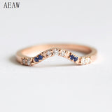 14k Rose Gold Wedding Ring with Blue Sapphires and Diamonds Curved Pave Stacking Diamond Rings Wedding Ring