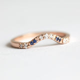 14k Rose Gold Wedding Ring with Blue Sapphires and Diamonds Curved Pave Stacking Diamond Rings Wedding Ring