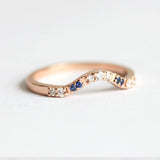 14k Rose Gold Wedding Ring with Blue Sapphires and Diamonds Curved Pave Stacking Diamond Rings Wedding Ring