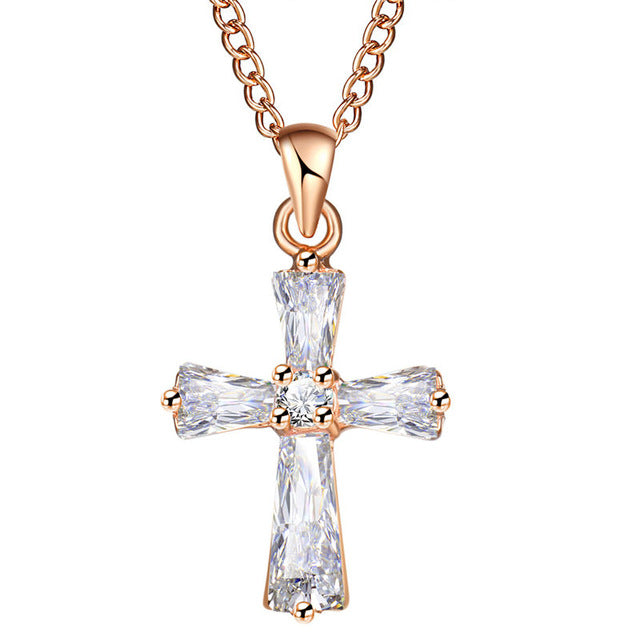 17KM Rose Gold Color Cross Pendant Necklaces For Woman Crystal Pendant Cubic Zirconia Long Necklace Bijoux Jewelry Wholesale