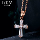 17KM Rose Gold Color Cross Pendant Necklaces For Woman Crystal Pendant Cubic Zirconia Long Necklace Bijoux Jewelry Wholesale
