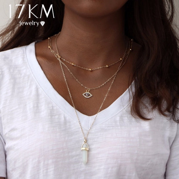 17KM Vintage Opal Stone Chokers Necklaces Fashion Multi Layer Crystal Eye Pendant Necklace Statement Bohemian Jewelry for Women