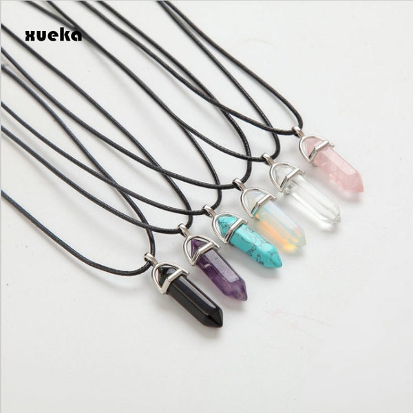 2017 Hexagonal Column Necklaces Natural Crystal Pendants Pink Stone Pendant Leather Chains Necklace For Women Fashion Jewelry