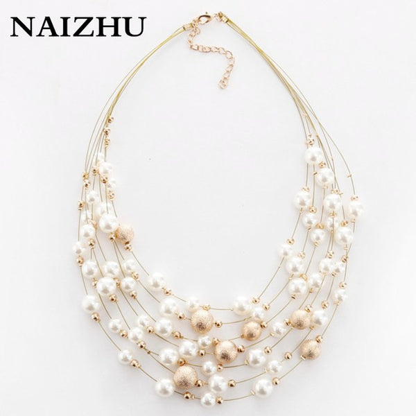 2017 New Fashion Jewelry Gold Color Multilayer Chain Imitation Pearls Necklaces For Women Wedding Bride Necklace