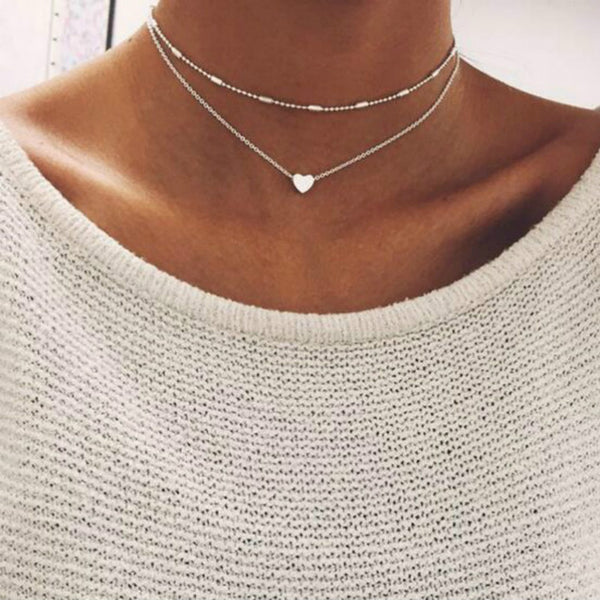 2017 Simple Love Heart Choker Necklace For Women Multi Layer Beads Chocker collar ras du cou collier femme Statement jewelry