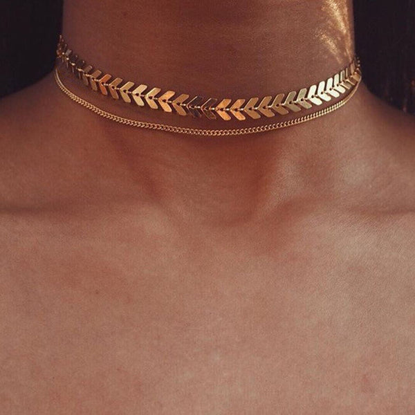 2018 Gold Color metal Two Layer Choker Necklaces Fishbone Chain simple jewelry collana Kolye Bijoux Collares Mujer collier femme