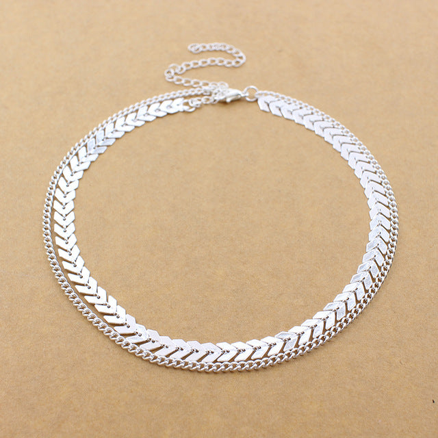 2018 Gold Color metal Two Layer Choker Necklaces Fishbone Chain simple jewelry collana Kolye Bijoux Collares Mujer collier femme