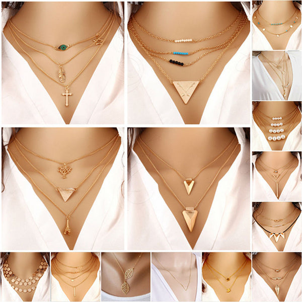 2018 Summer Hot Fashion Gold-Color Evil Eye 3 Layer Chain Bar Necklace Beads and Long Strip Pendant Necklaces Jewelry high