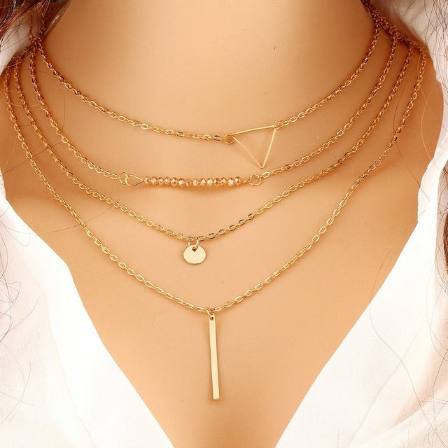 2018 Summer Hot Fashion Gold-Color Evil Eye 3 Layer Chain Bar Necklace Beads and Long Strip Pendant Necklaces Jewelry high