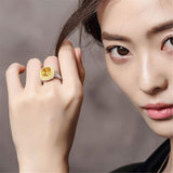 2018 Women's BFQ Classic Extravagant S925 Silver Impregnated Ring big Yellow Diamond Princess Shape Fine  jewelry Rings