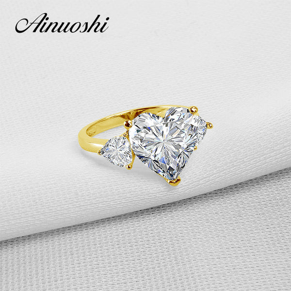 AINUOSHI 10k Solid Yellow Gold TC Collection Rings 5 ct Heart Shape CZ 3 Stones Young Lady Engagement Wedding Band Jewelry Ring