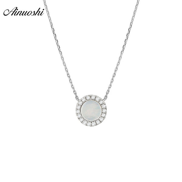 AINUOSHI Genuine 18K White Gold  Necklace White Onyx Round Pendant  Pure Natural Round Cut Diamond Link Chain Jewelry