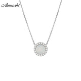 AINUOSHI Genuine 18K White Gold  Necklace White Onyx Round Pendant  Pure Natural Round Cut Diamond Link Chain Jewelry