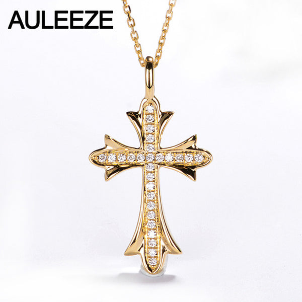 AULEEZE Classic Cross Diamond Pendant Necklace Jewelry 18K 750 Solid Yellow Gold Real Genuine Diamond Pendant 18K Gold Necklace