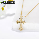 AULEEZE Classic Cross Diamond Pendant Necklace Jewelry 18K 750 Solid Yellow Gold Real Genuine Diamond Pendant 18K Gold Necklace