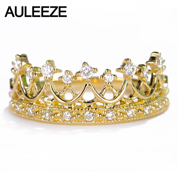 AULEEZE Elegant Princess Crown Gold Ring Real Diamond Engagement Wedding Ring 18K Solid Yellow Gold Diamond Ring Fine Jewelry