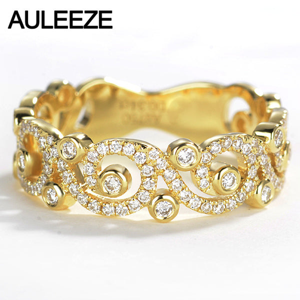 AULEEZE Romantic 18K Yellow Gold Bands Real 0.34cttw Natural Diamond H/SI Flower Vine Wedding Ring For Women Fine Jewelry