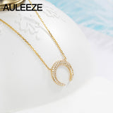 AULEEZE Romantic Gold Diamond Moon Pendant 18K Solid Yellow Gold Real Natural Diamonds Pave Set Pendant Necklace