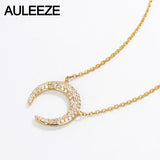 AULEEZE Romantic Gold Diamond Moon Pendant 18K Solid Yellow Gold Real Natural Diamonds Pave Set Pendant Necklace