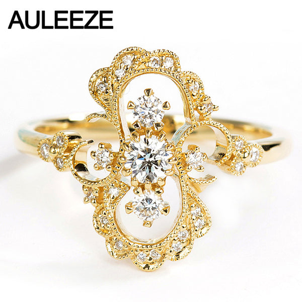 AULEEZE Unique Vintage Natural Diamond Ring Solid 18K Yellow Gold Flower Rings For Women Real Diamond Band Party Fine Jewelry
