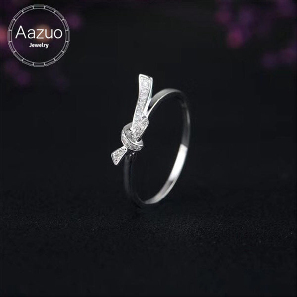 Aazuo 18K White Gold Real Diamond 0.07ct H SI1 Bowknot Ring  for Woman Charm Jewelry Fashion Love Gift tiny thin Au750 Real Gold