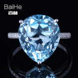 BAIHE Solid 14K White Gold(AU585)9.62CT Certified Sky Blue/Flawless Genuine Blue Topaz Wedding Women Trendy Fine Jewelry Ring