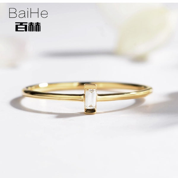 BAIHE Solid 14K Yellow Gold 0.05CT Certified H/SI Ladder side Genuine Natural Diamonds Engagement Women Trendy Fine Jewelry Ring