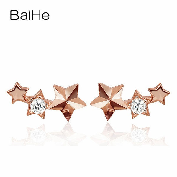 BAIHE Solid 18K Rose Gold 0.03CT H/SI Round 100% Genuine Natural Diamonds Wedding Trendy Jewelry Elegant Unique Stud Earrings