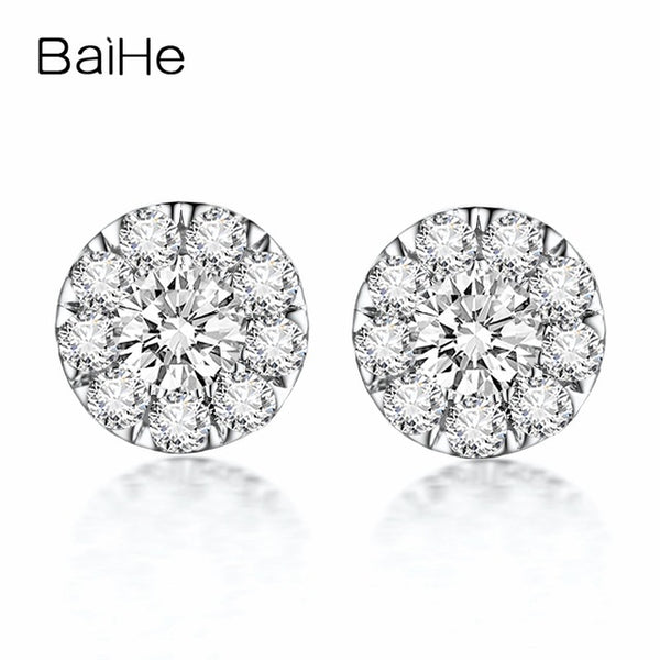 BAIHE Solid 18K White Gold 0.16CT H/SI Round Genuine Natural Diamonds Wedding Trendy Fine Jewelry Elegant Unique Stud Earrings