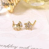 BAIHE Solid 18K Yellow Gold 0.01CT H/SI Round 100% Genuine Natural Diamonds Wedding Trendy Jewelry Elegant Unique Stud Earrings