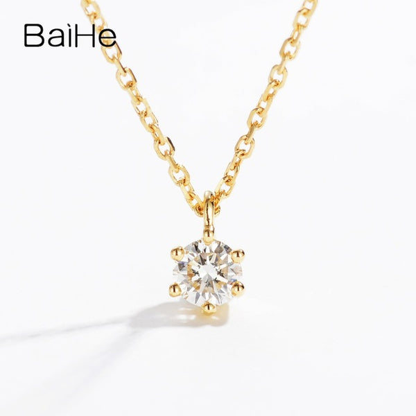 BAIHE Solid 18K Yellow Gold 0.10CT Certified H/SI Genuine Natural Diamond Engagement Women Trendy Fine Jewelry Gift Necklaces