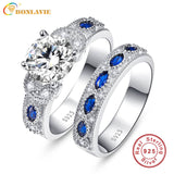 BONLAVIE 1 Pair Blue Sapphire Couple Wedding Rings 100% 925 Sterling Silver Forever Love Romantic Lovers Finger Rings Jewelry