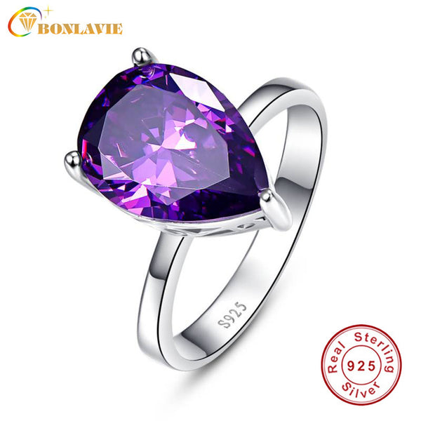 BONLAVIE Elegant 8.8ct Natural Purple Amethyst Ring Genuine 925 Sterling Silver Waterdrop Pearl Cut Women's Fashion with box