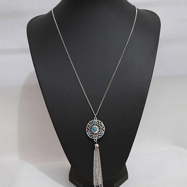 Bing Tu Female Tassel Hollow Pendants & Necklaces Women Gold/Silver Color Long Sweater Chain Faux Stone From India