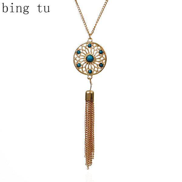 Bing Tu Female Tassel Hollow Pendants & Necklaces Women Gold/Silver Color Long Sweater Chain Faux Stone From India