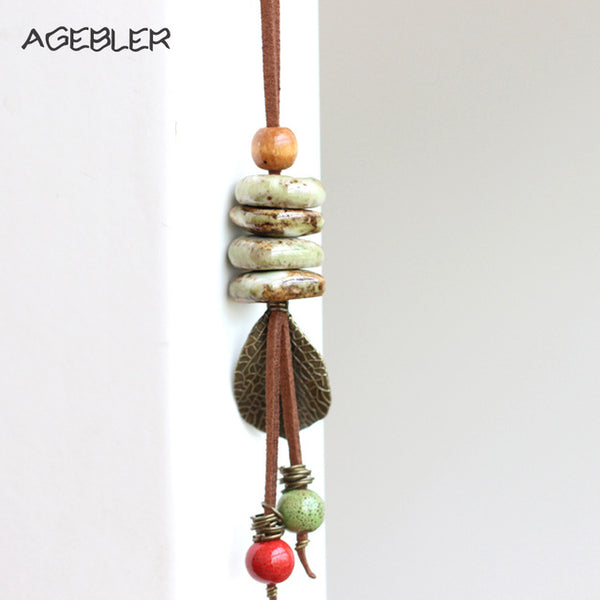 Boho Maxi Handmade Ceramic Vintage Necklaces Women Colorful Bead Leaf Pendant Long Leather Women statement Necklace & pendants