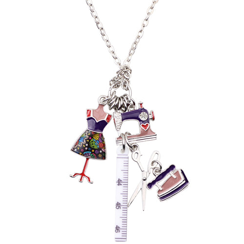 Bonsny Statement Chain Enamel Tailor Sewing Machine Scissors Ruler clothes stand Necklace Pendants Fashion Jewelry For Women