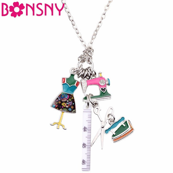 Bonsny Statement Chain Enamel Tailor Sewing Machine Scissors Ruler clothes stand Necklace Pendants Fashion Jewelry For Women