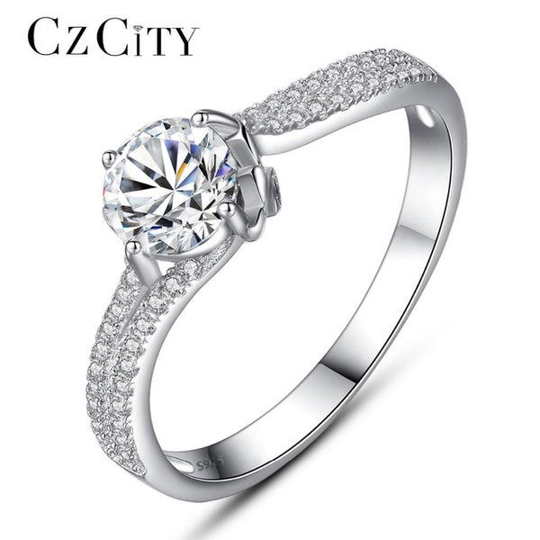 CZCITY Luxury Engagement Finger Rings for Women Tiny CZ Paved with One Carat Zircon Female Classic Vintage 925 Silver Ring Gift