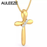 Classic Cross Design Silde Pendant Necklace 14K Solid 585 Yellow Gold Real Natural Diamond Pendants For Women, 18' Gold Chain