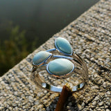 DJ CH Genuine Larimar Branch Leaf Ring Rhodium on 925 Sterling Silver Stefilia's Stone Genstone Rings Wedding Engagement Bands