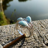 DJ CH Genuine Larimar Branch Leaf Ring Rhodium on 925 Sterling Silver Stefilia's Stone Genstone Rings Wedding Engagement Bands