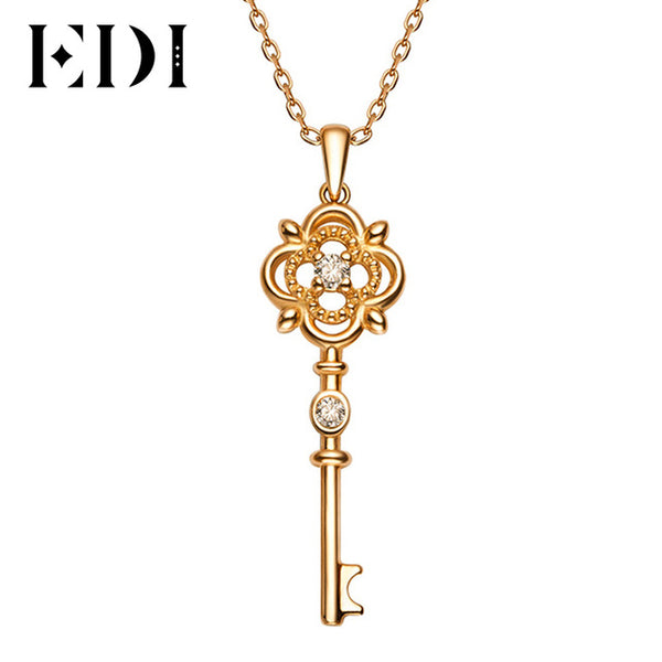 EDI Classic Clover Gold Diamond Key Pendant 9K Solid Rose Gold Real Natural Diamond Pendant Necklace Match 16' Silver Necklace