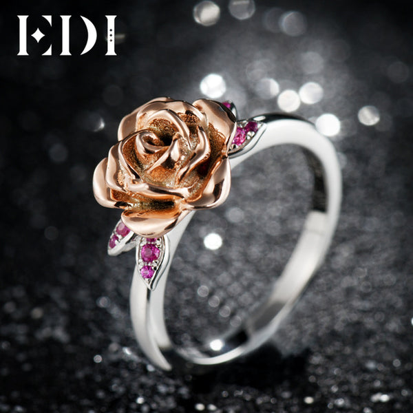 EDI Natural Ruby 100% 925 Sterling Silver Rings For Women Gemstone Rose Flower Beauty And The Beast Fine Jewelry