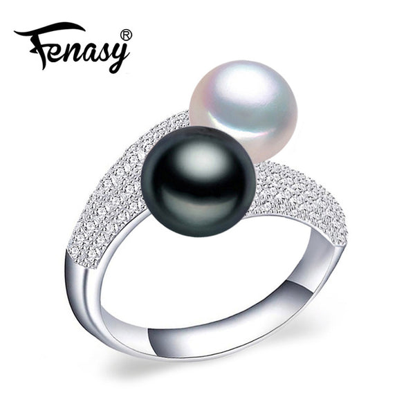 FENASY Pearl Jewelry,double Pearl rings,black white Freshwater Pearl rings,925 Silver rings for women punk silver 925 original