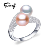 FENASY Pearl Jewelry,double Pearl rings,black white Freshwater Pearl rings,925 Silver rings for women punk silver 925 original