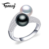 FENASY Pearl Jewelry,double Pearl rings,black white Freshwater Pearl rings,925 Silver rings for women punk silver 925 original